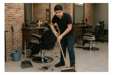 sartaroshxonani tozalayotgan o'smirin bola juda  yosh ham emas katta ham supir sudir qilaytgani narsalarni tozalayotgani  
 sticker