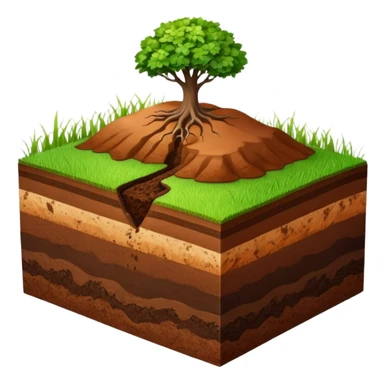 A 3D cartoon cross-section of soil layers with green grass on top, visible brown earth textures, clean white background, smooth and detailed Memoji-style. sticker