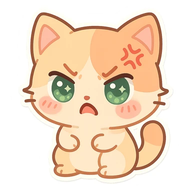 kawaii chibi-style cat emoji with pastel orange and brown cream fur, anime-style angry expression, sparkly green eyes, blushing cheeks, pastel color palette, soft rounded design, vector art sticker