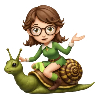 tiny forest elf woman brown wavy hair glasses riding a snail sticker