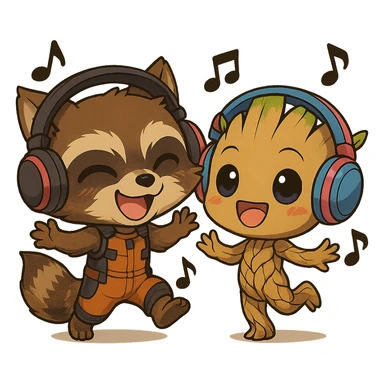 Create a chibi anime style illustration of Rocket Raccoon dancing next to Groot. Both characters should look joyful and cute. Rocket Raccoon should have an oversized head and be wearing headphones. Keep the background transparent. The style should reflect chibi anime aesthetics. sticker