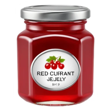 small glass jar of red currant jelly, deep red smooth shiny, metal or gingham lid, minimal label no text, jelly drop on rim, 3D rendered, clean, soft shadows, natural lighting, vibrant color, transparent background, emoji scale sticker