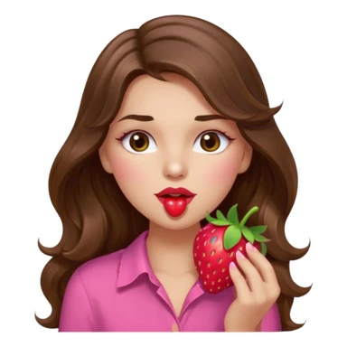 girl with long wavy brown hair, brown eyes, light to medium complexion, in a pink shirt, pink lips, long lashes, sexy , puckering, blushing, eating a strawberry sexy sticker