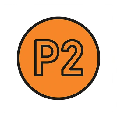 the text 'P2' inside an orange circle, clear and bold, suitable for indicating a high-priority incident sticker