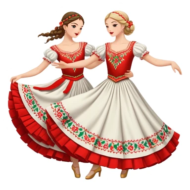 Cinematic Realistic scene of two dancers performing the Tarantella, dressed in vibrant, flowing traditional costumes with detailed embroidery and dynamic skirts, captured in festive motion with warm, lively lighting sticker