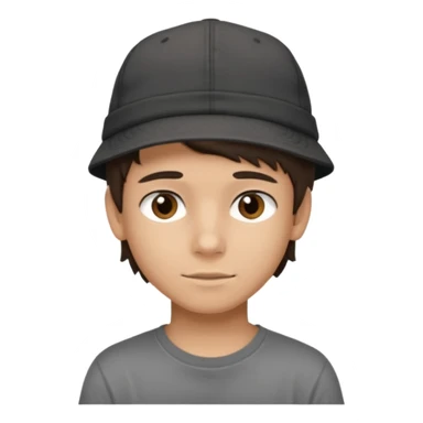 Create a teen boy wearing a faded black T-shirt. He will have brunette hair, tan skin, and dark brown eyes. He is wearing a gray hat turned backwards. sticker