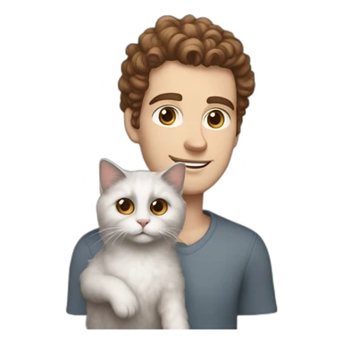 White man with brown curly hair, brown eyes, thick eyebrows, sharp jawline, bigger nose holding white and grey Ragdoll cat sticker