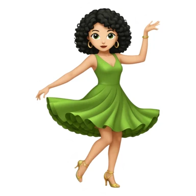 a woman with olive skin tone and curly black hair wearing green and dancing. full body, disco pose sticker