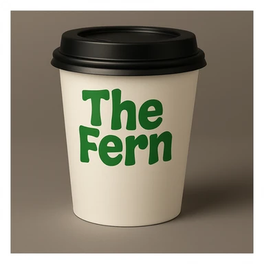 Change the letters that say 'The Fern' to green, keep the bold, playful letters and simple, eye-catching style on the to-go cup. Maintain the bold and playful letter style with a simple and eye-catching design for the text. sticker