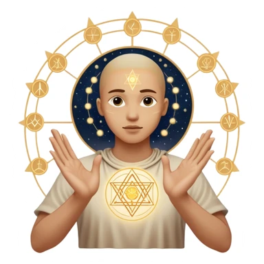 person seeing ancient symbols, sacred geometry, hands tracing constellations, energy radiating from fingertips. sticker