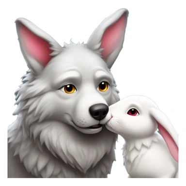 Old Wolf kisses a white Bunny who has pink ears, with big red heart between them sticker