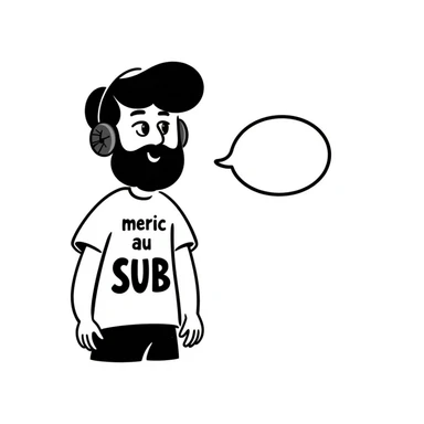 A person with black hair, brown eyes, and a black beard wearing a gaming headset saying "merci au SUB" sticker