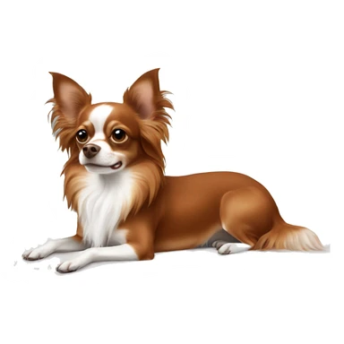 Long-haired reddish brown Chihuahua with white markings lying on bed  sticker