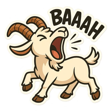 cartoon sticker style goat with mouth wide open, exaggerated 'baaah' text, energetic pose sticker