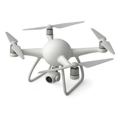 modern white drone with all parts radiating from a central ball, no logo sticker