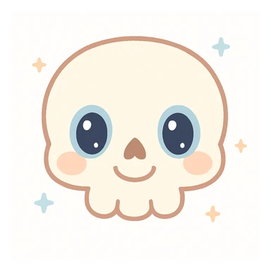friendly skeleton head, front view, round shapes, gentle smile, not scary, kawaii style sticker