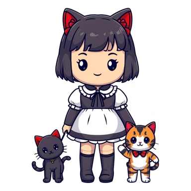 girl wearing black Lolita style dress, with medium-length black hair with red tips, and a black American Shorthair tabby cat sticker