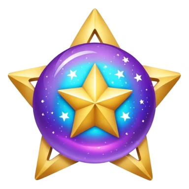 Uma esfera translúcida com reflexos roxos e azuis envolve uma estrela dourada brilhante no centro, criando um visual etéreo e futurista sticker