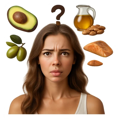 Create a 3D render style image of a realistic woman with a confused expression, surrounded by realistic icons of good fats (avocado, olive oil, nuts, salmon), with a question mark above her head. The image should have hyperrealistic details and natural lighting. Maintain the composition of variant 6 but completely remove the background. sticker