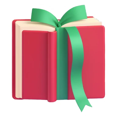 open red hardcover book with green ribbon bookmark sticker