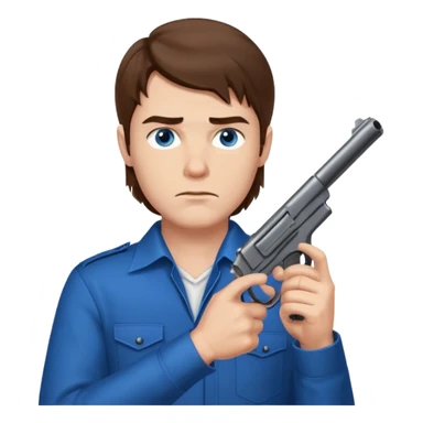 guy w medium long brown hair and blue eyes with gun pointed up at his chin sticker