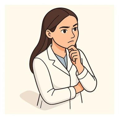 A girl doctor with dark long straight hair, detailed brown eyes (not just dots), wearing a white medical coat, in 2D isometric style with a minimalist background, thoughtful finger on chin, with a serious facial expression. sticker