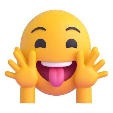 happy face with tongue out and hands on both sides of the face, 3D emoji style sticker