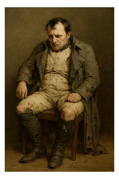 Грустный наполеон бонапарт, сидит в рваной одежде, как будто после боя, он грустный. На однородном фоне sticker