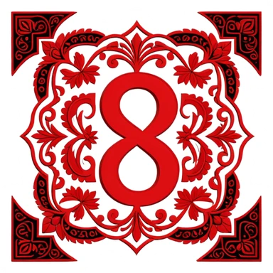 Russian ruble currency symbol (₽) decorated with traditional Udmurt folk patterns, geometric ornaments in red and black colors, symmetrical design sticker