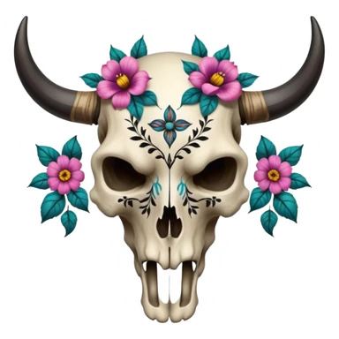 Aesthetic tattooed bull skull cranium with flowers, black painted pattern markings  sticker