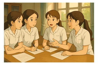 Four nursing students in collaborative discussion indoors, white short-sleeve uniforms with V-neck and left chest pocket, bare forearms, long hair tied back, no stethoscopes or collar stand, resembling reference faces, Ghibli style sticker
