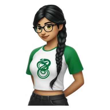 Mia Khalifa black braid white tshirt green sleeves slytherin emblem sticker