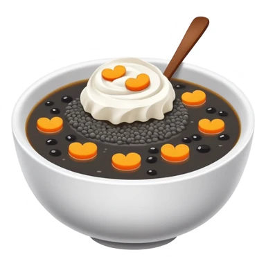 Black sesame soup sweet dessert in bowl, simplified emoji style with bold outlines and bright colors, cartoon style Zhi Ma Hu traditional Chinese treat sticker