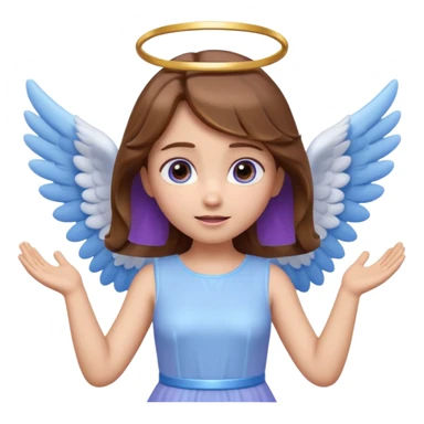 Cute 3D angel emoji, brown hair, glowing halo, small blue-white wings, pastel purple dress, hands raised, big expressive eyes, soft lighting, glossy texture, Pixar style, high detail sticker