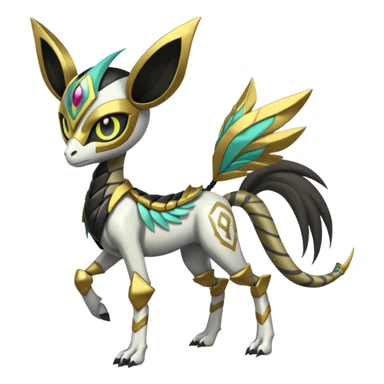 Arrow-patterned chevron-marked Big-eyed anime-styled Colorful Shiny Tribal Skeletal masked armored Meloetta-Silvally-Solgaleo-Raikou-Pokémon-Digimon-Fakémon-fusion-hybrid-creature, full body sticker