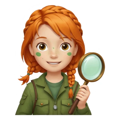 braid orange haired girl kid in moss green explorer outfit, holding magnifying glass, smile sticker