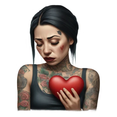 Hyper Realistic Beautiful tattooed woman crying holding a broken heart cushion sticker