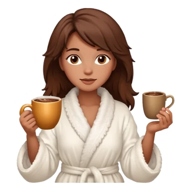 {
      "type": "human",
      "look": "fluffy robe woman, messy hair, holding cup of cocoa",
      "description": "a woman in a fluffy robe with messy hair, holding a cup of cocoa"
    } sticker