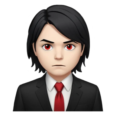 🎨 Classic Emoji — Gerard Way (Revenge Era)
Round, simplified emoji style
Pale skin tone
Jet-black, shoulder-length hair
Heavy eyeliner and slight red shadow under the eyes
Subtle serious / melancholic expression
Hint of red tie visible on black suit
Transparent background sticker