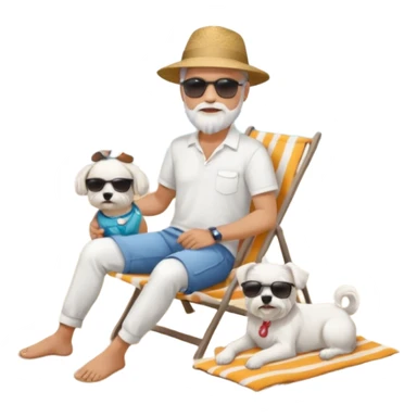 white man grey hair beard holding a white Maltese relaxing on a beach full body sticker