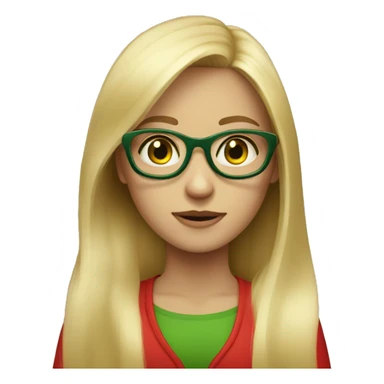 A blond longs hair girl  with green eyes and a red glasses  sticker
