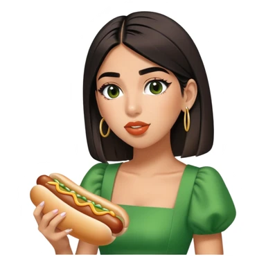 Create a picture of Dua Lipa in this green dress eating hot dogs sticker