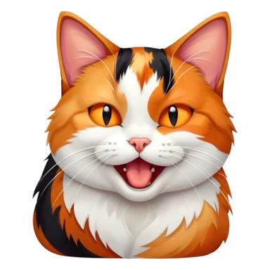 Cinematic Cute Yawning Calico Cat Portrait Emoji, Head tilted mid-yawn with a charming, relaxed expression, showcasing a soft patchwork fur of vibrant orange, black, and white, simplified yet irresistibly adorable, highly detailed, glowing with a cozy, gentle radiance, high shine, exuding sleepy yet endearing charm, styled with a soft glowing outline, capturing the essence of a calico cat caught in a delightful yawn that seems ready to cuddle up for a nap! sticker