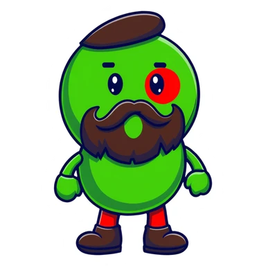 green m&m candy character with a black beard sticker
