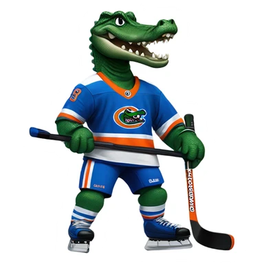 A gator playing hockey with a epic gators tv jersey and a visor sticker
