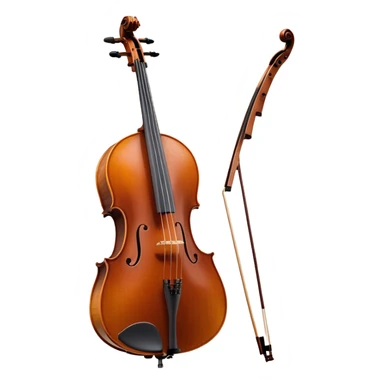Create an elegant and refined emoji representing a Cremona 4/3F 4/4 cello with bow. The design should feature the distinctive, finely crafted body of the cello, highlighting its rich wooden finish and gracefully curved shape. The bow should be included, with visible horsehair and a polished wooden stick. Add subtle details like tuning pegs and strings to emphasize the precision and craftsmanship of the instrument. Use warm wood tones, deep brown, and soft metallic accents to reflect the high quality of the Cremona cello. The background should be transparent. sticker
