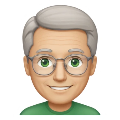 Man with receding hair, grey hair only on the sides, green eyes, rectangular reading glasses, rounded clear face, with a smile sticker