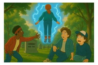 Max from Stranger Things levitating above a grave in a cemetery, seen from behind and in front of Lucas, Steve, and Dustin. Lucas is getting up and reaching out to help Max, Steve is watching, and Dustin looks scared. Render in Ghibli style with wide aspect ratio (16:9), supernatural glowing effects, expressive and cinematic atmosphere. sticker