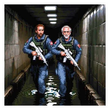 a SNES box art image of navy seals nicholas cage and sean cohnery sneaking through a dark sewer holding 2 mp5's, blue and orange color schemecutscene graphic - 3/4 side perspective sticker