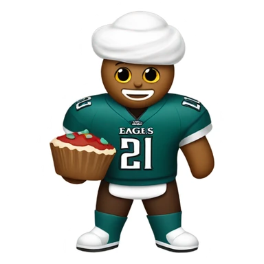 Gingerbread man making cupcakes wearing an eagles jersey sticker